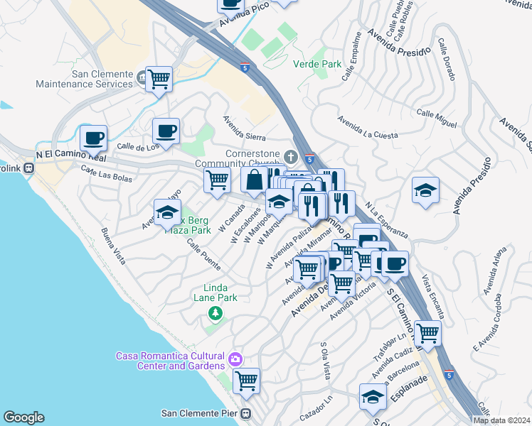 map of restaurants, bars, coffee shops, grocery stores, and more near 106 West Mariposa in San Clemente