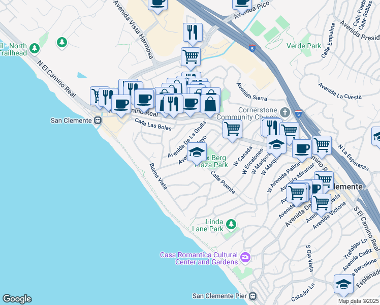 map of restaurants, bars, coffee shops, grocery stores, and more near Calle Puente & Avenida Pelayo in San Clemente