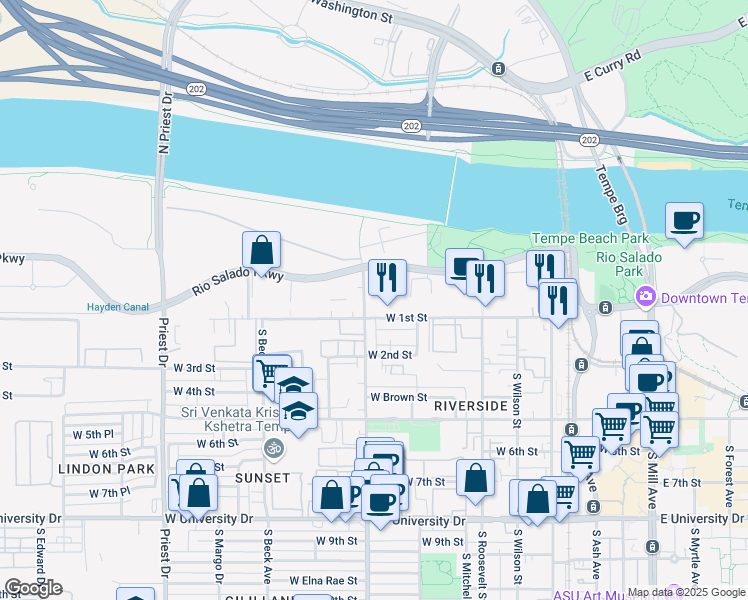 map of restaurants, bars, coffee shops, grocery stores, and more near 1000 West Rio Salado Parkway in Tempe