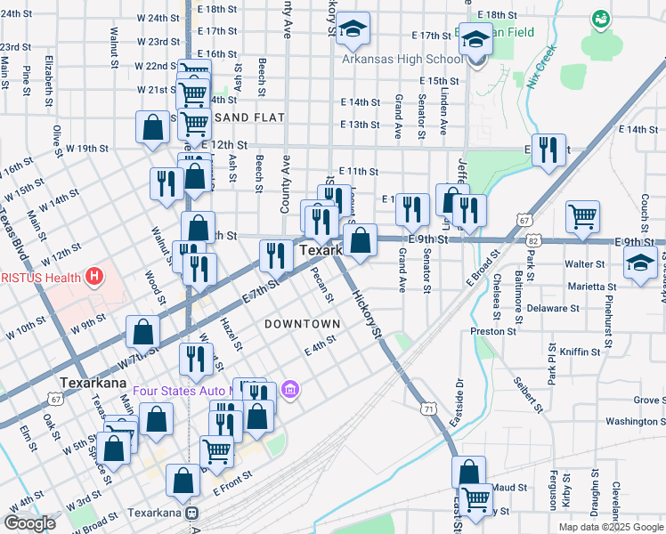 map of restaurants, bars, coffee shops, grocery stores, and more near 605 Hickory Street in Texarkana