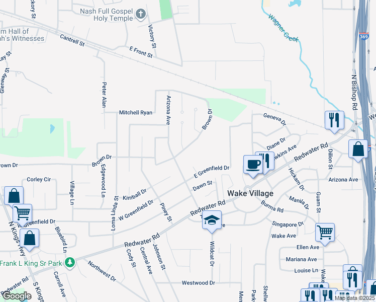map of restaurants, bars, coffee shops, grocery stores, and more near 1009 Brown Drive in Wake Village