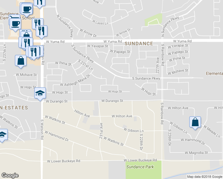 map of restaurants, bars, coffee shops, grocery stores, and more near 23036 West Hopi Street in Buckeye