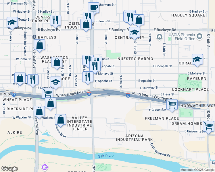 map of restaurants, bars, coffee shops, grocery stores, and more near 740 East Apache Street in Phoenix