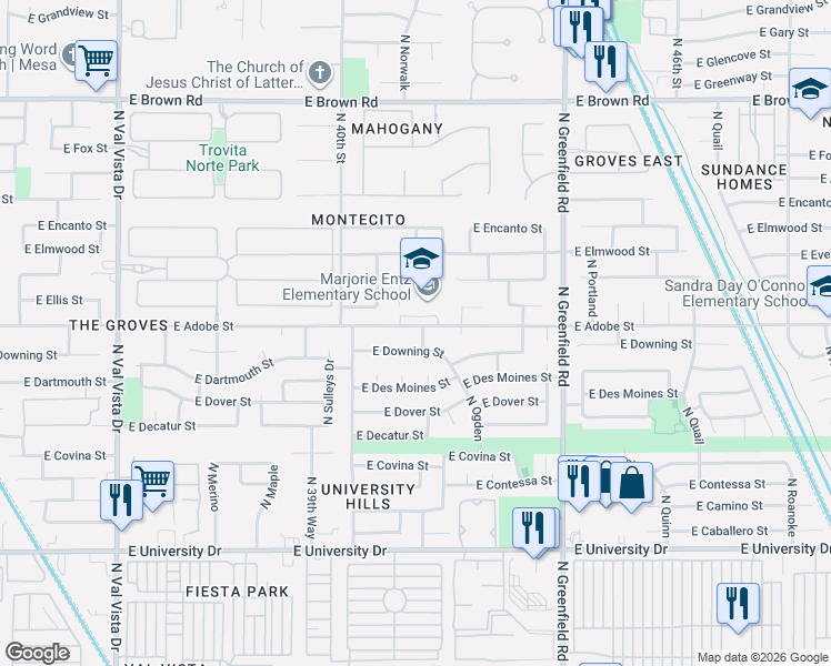 map of restaurants, bars, coffee shops, grocery stores, and more near 4132 East Adobe Street in Mesa