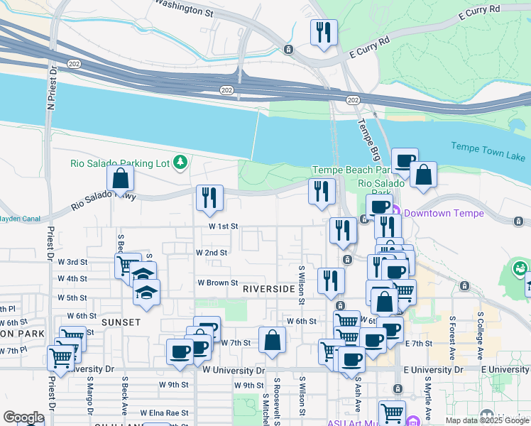 map of restaurants, bars, coffee shops, grocery stores, and more near 601 West Rio Salado Parkway in Tempe