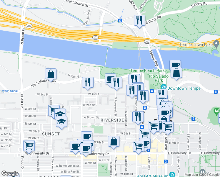 map of restaurants, bars, coffee shops, grocery stores, and more near 601 West Rio Salado Parkway in Tempe