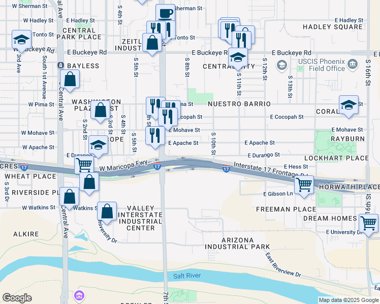 map of restaurants, bars, coffee shops, grocery stores, and more near 740 East Apache Street in Phoenix