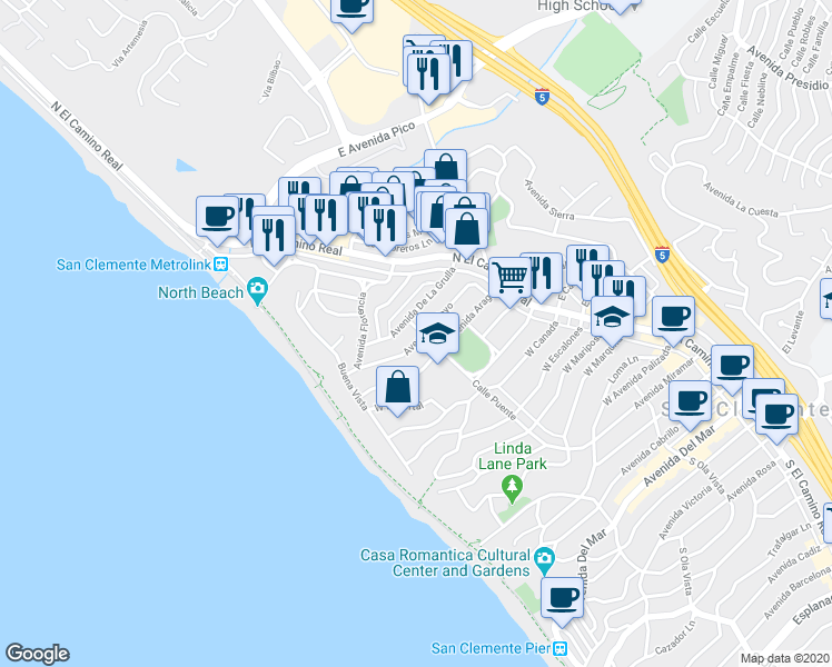 map of restaurants, bars, coffee shops, grocery stores, and more near 132A Avenida De La Grulla in San Clemente
