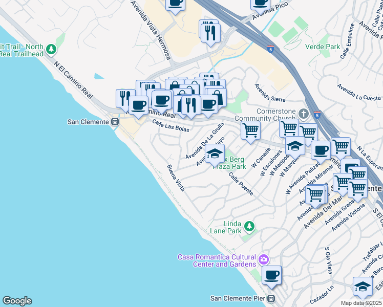 map of restaurants, bars, coffee shops, grocery stores, and more near 126 Avenida Del Reposo in San Clemente