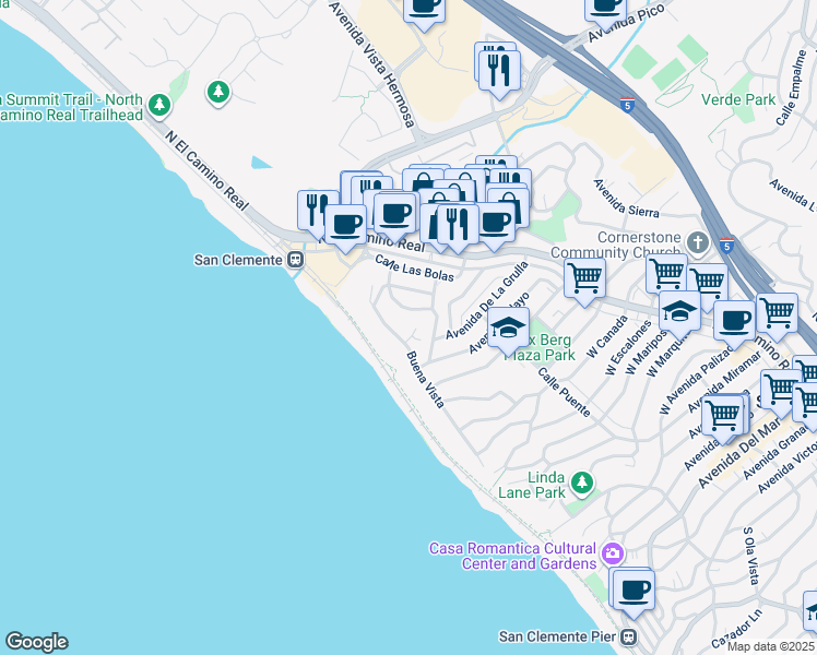 map of restaurants, bars, coffee shops, grocery stores, and more near 1516 Calle Sacramento in San Clemente