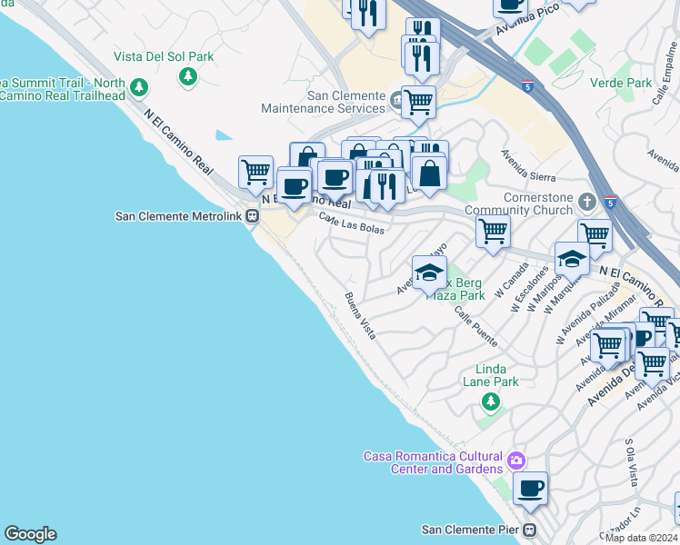 map of restaurants, bars, coffee shops, grocery stores, and more near 1516 Calle Sacramento in San Clemente