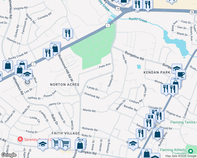 map of restaurants, bars, coffee shops, grocery stores, and more near 2545 Richmond Hill Road in Augusta