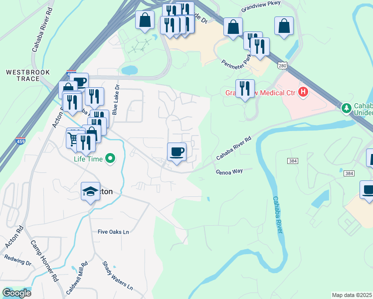 map of restaurants, bars, coffee shops, grocery stores, and more near 717 Cahaba River Parc in Birmingham