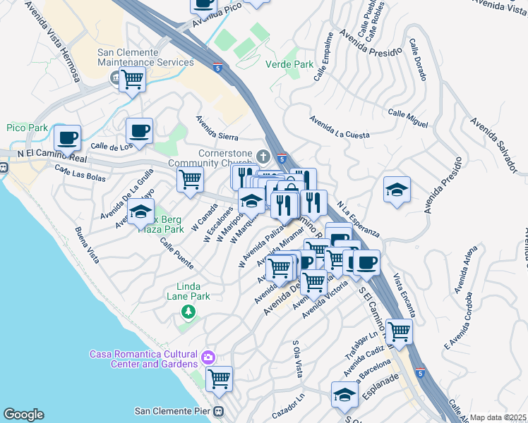 map of restaurants, bars, coffee shops, grocery stores, and more near 535 North El Camino Real in San Clemente