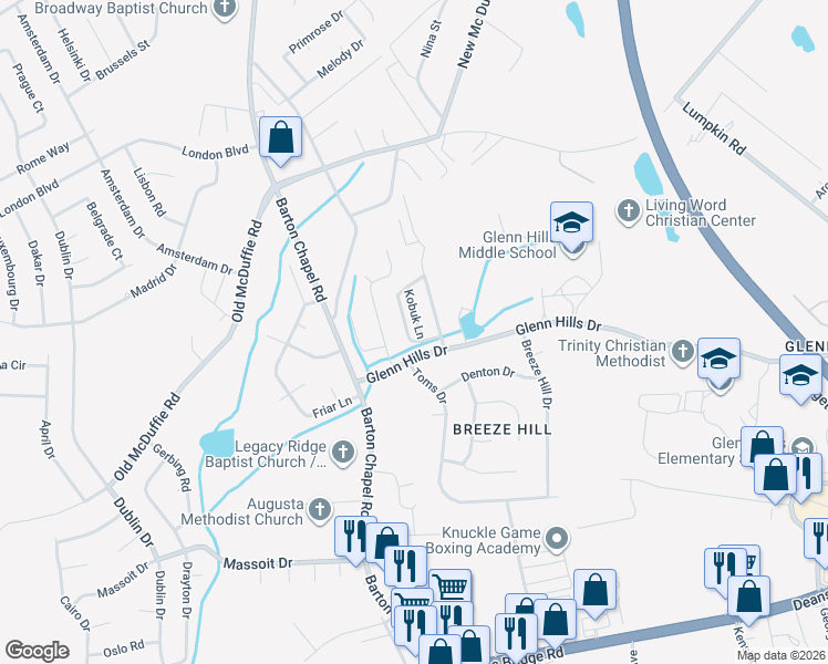 map of restaurants, bars, coffee shops, grocery stores, and more near 2509 Redoubt Circle in Augusta