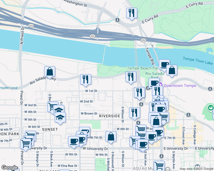 map of restaurants, bars, coffee shops, grocery stores, and more near 601 West Rio Salado Parkway in Tempe