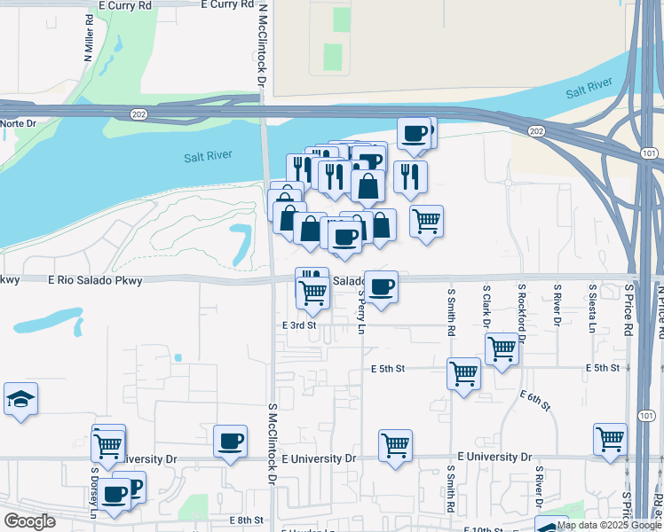 map of restaurants, bars, coffee shops, grocery stores, and more near 1800 East Rio Salado Parkway in Tempe
