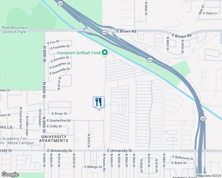 map of restaurants, bars, coffee shops, grocery stores, and more near Lane 4700 in Mesa