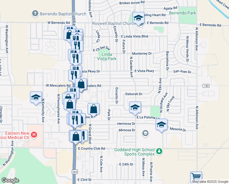 map of restaurants, bars, coffee shops, grocery stores, and more near 2819 Encanto Drive in Roswell