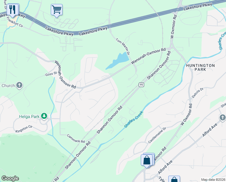 map of restaurants, bars, coffee shops, grocery stores, and more near 115 Oxmoor Place in Birmingham