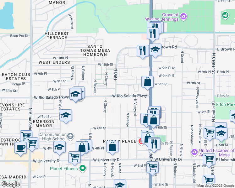 map of restaurants, bars, coffee shops, grocery stores, and more near 835 North Date in Mesa