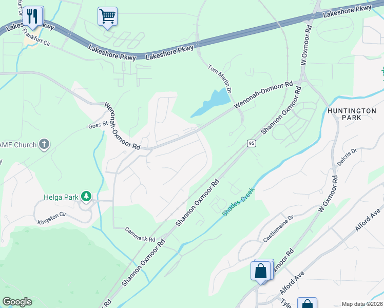 map of restaurants, bars, coffee shops, grocery stores, and more near 2712 Oxmoor Glen Drive in Birmingham
