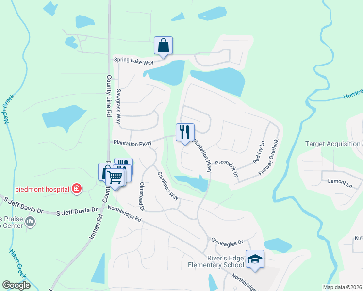 map of restaurants, bars, coffee shops, grocery stores, and more near 11865 Plantation Parkway in Fayetteville