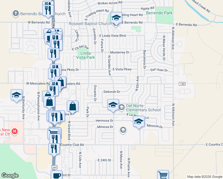 map of restaurants, bars, coffee shops, grocery stores, and more near 704 East Mescalero Road in Roswell