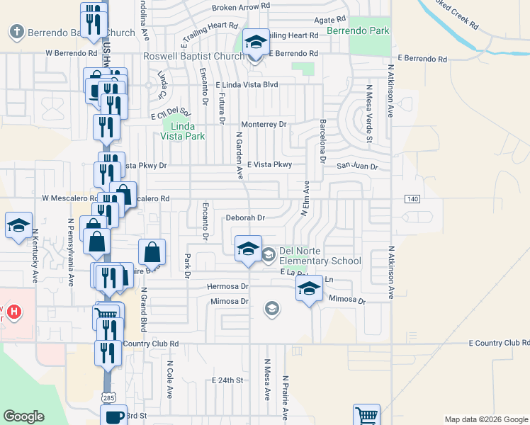 map of restaurants, bars, coffee shops, grocery stores, and more near 704 East Mescalero Road in Roswell