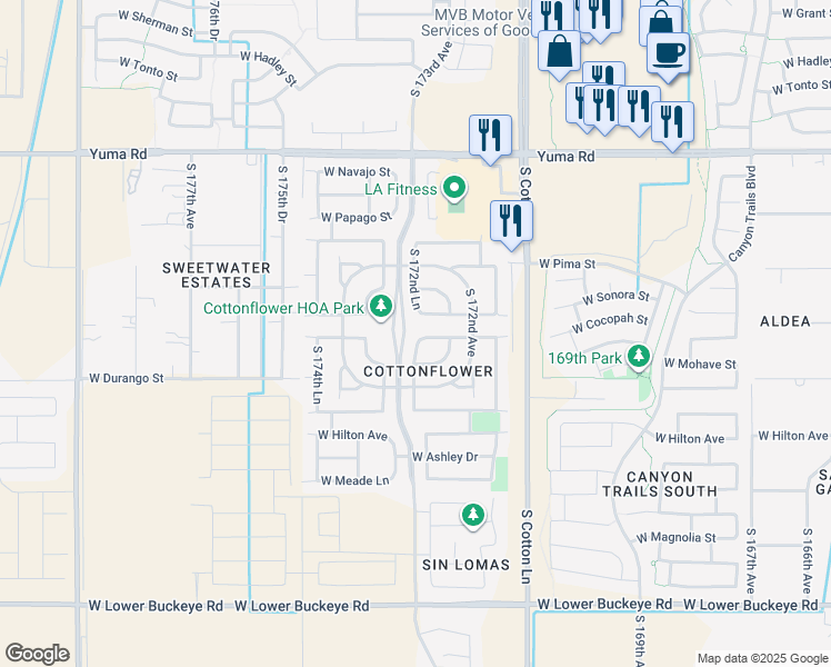 map of restaurants, bars, coffee shops, grocery stores, and more near 17275 West Cocopah Street in Goodyear