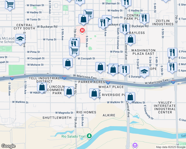 map of restaurants, bars, coffee shops, grocery stores, and more near 362 West Apache Street in Phoenix