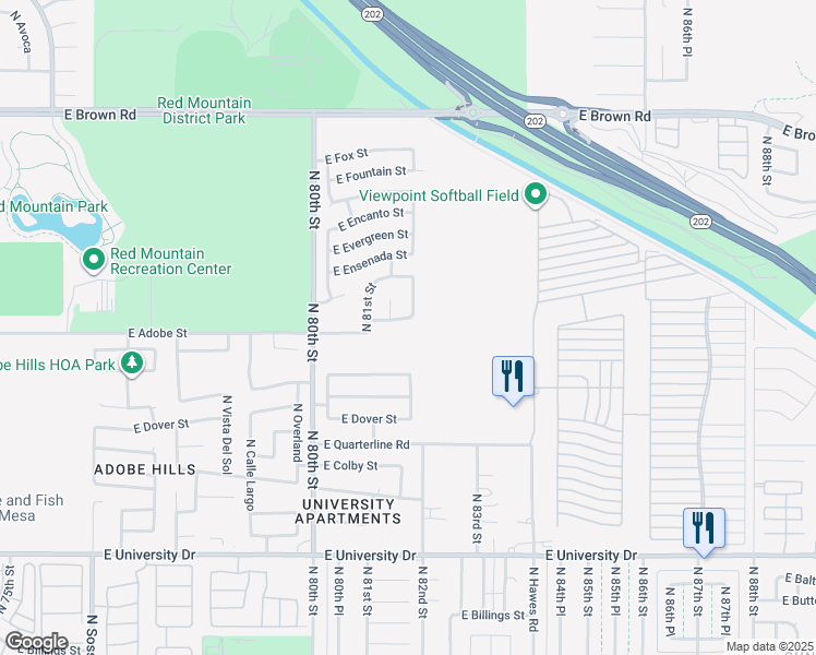 map of restaurants, bars, coffee shops, grocery stores, and more near 829 North Lotus Circle in Mesa