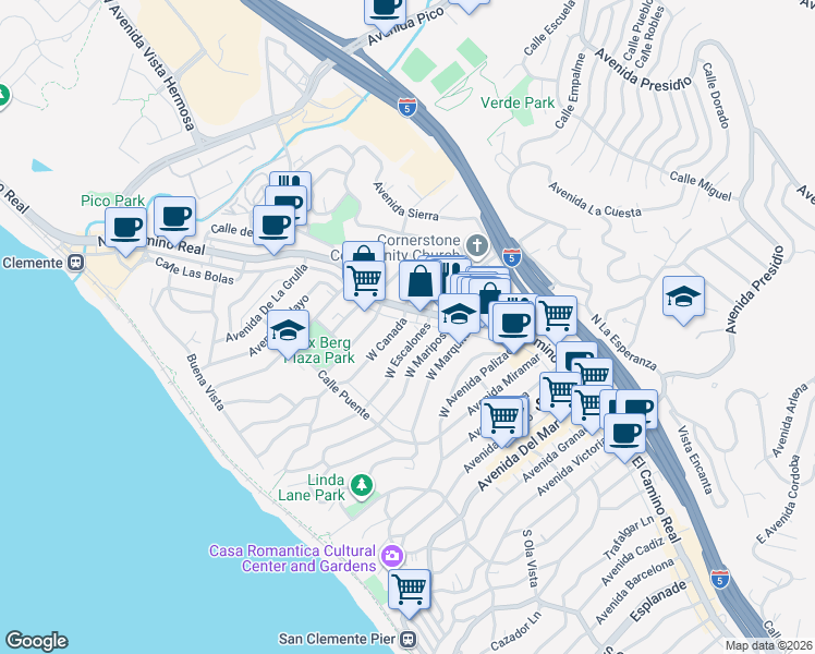map of restaurants, bars, coffee shops, grocery stores, and more near in San Clemente