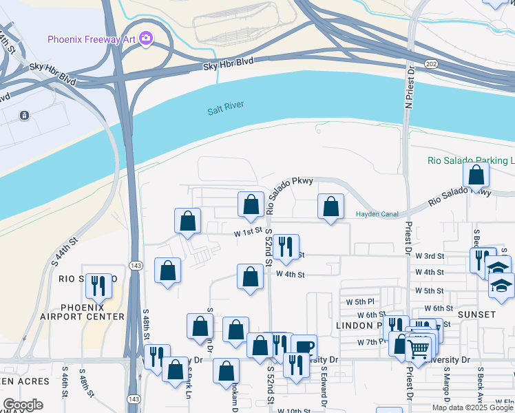 map of restaurants, bars, coffee shops, grocery stores, and more near 2050 West Rio Salado Parkway in Tempe