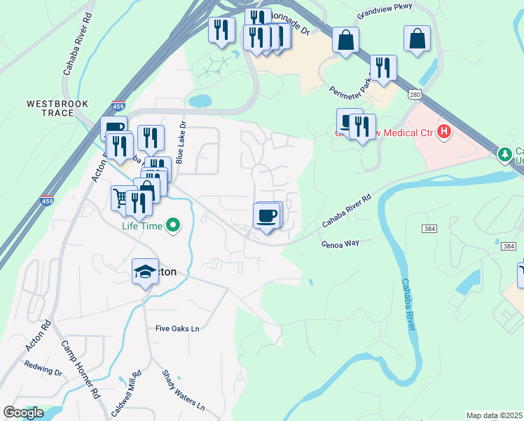 map of restaurants, bars, coffee shops, grocery stores, and more near 1411 Cahaba River Parc in Birmingham