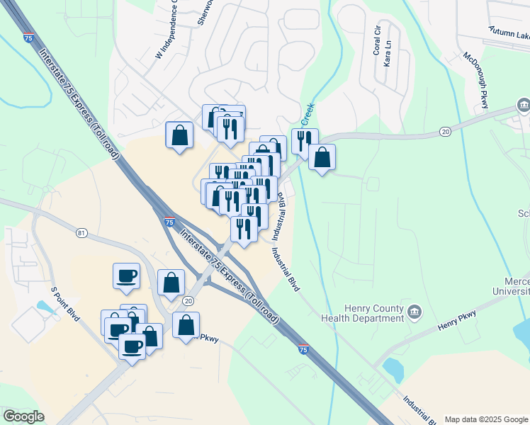 map of restaurants, bars, coffee shops, grocery stores, and more near 1025 McDonough Hampton Road in McDonough