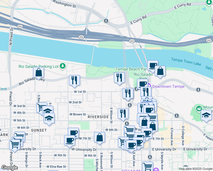 map of restaurants, bars, coffee shops, grocery stores, and more near 525 West Lakeside Drive in Tempe
