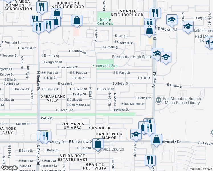 map of restaurants, bars, coffee shops, grocery stores, and more near 6448 East Adobe Street in Mesa