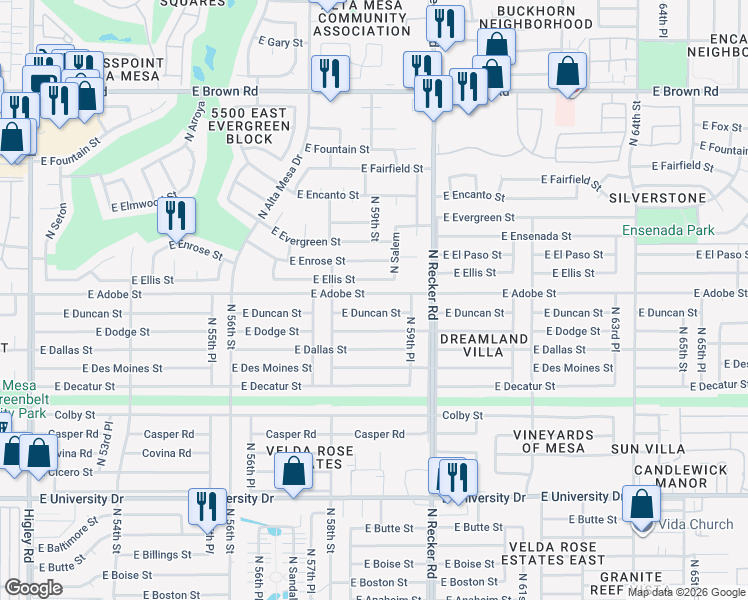 map of restaurants, bars, coffee shops, grocery stores, and more near 5831 East Ellis Street in Mesa