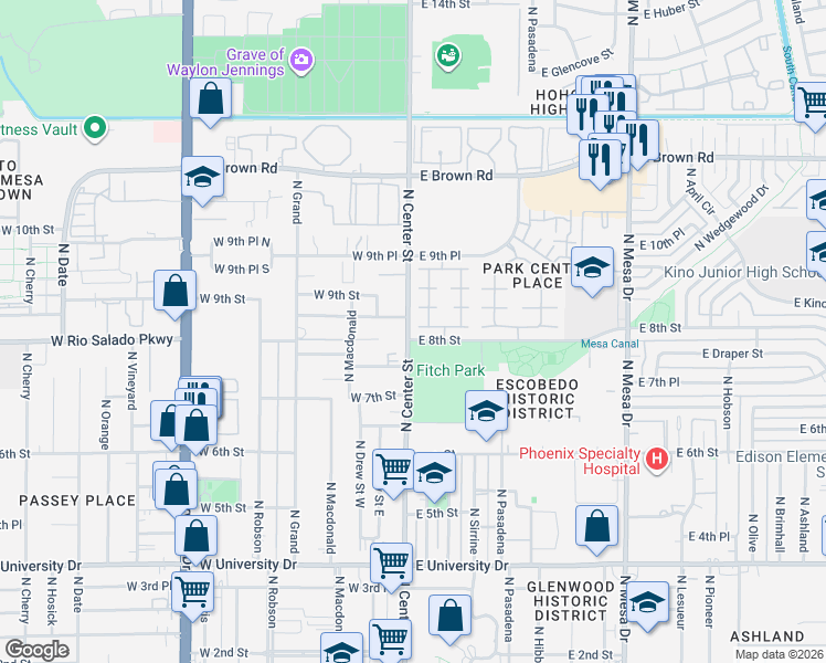 map of restaurants, bars, coffee shops, grocery stores, and more near in Mesa