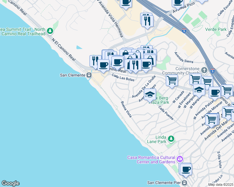 map of restaurants, bars, coffee shops, grocery stores, and more near 1516 Calle Sacramento in San Clemente