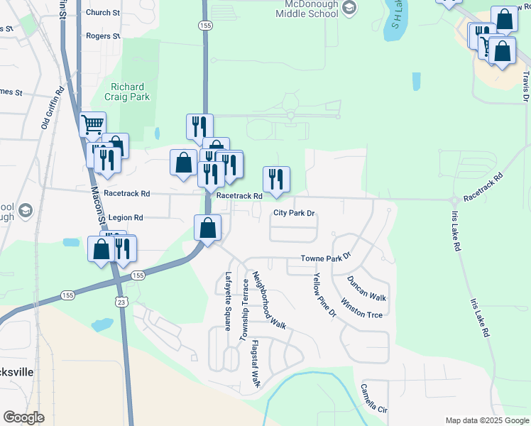 map of restaurants, bars, coffee shops, grocery stores, and more near 1065 City Park Drive in McDonough
