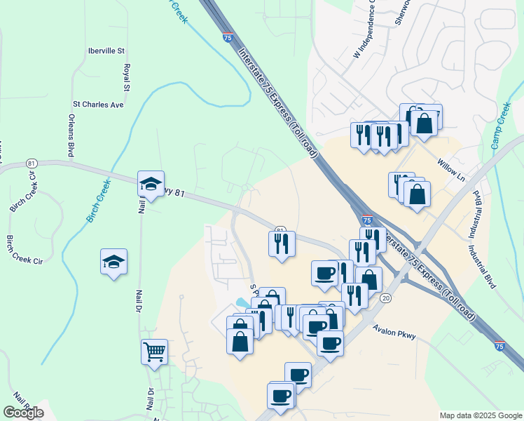map of restaurants, bars, coffee shops, grocery stores, and more near 266 Highway 81 in McDonough