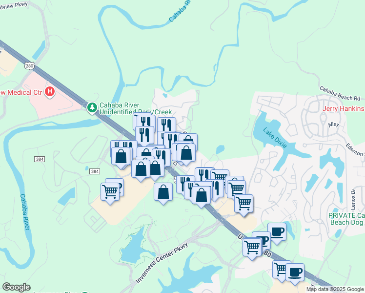map of restaurants, bars, coffee shops, grocery stores, and more near 500 Cahaba Park Circle in Birmingham