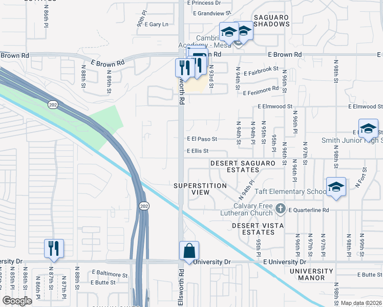 map of restaurants, bars, coffee shops, grocery stores, and more near 9223 East Ellis Street in Mesa