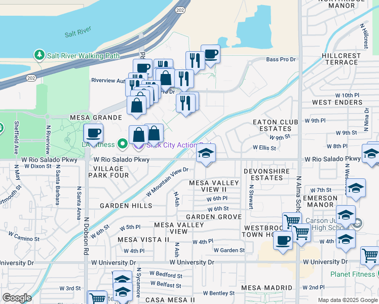 map of restaurants, bars, coffee shops, grocery stores, and more near 1500 West Rio Salado Parkway in Mesa