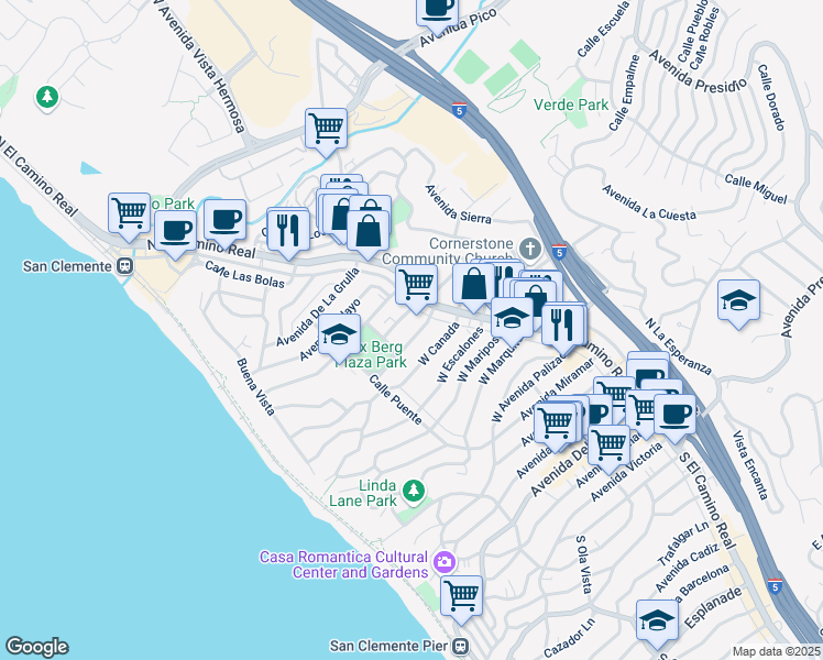 map of restaurants, bars, coffee shops, grocery stores, and more near 118 Avenida Del Poniente in San Clemente