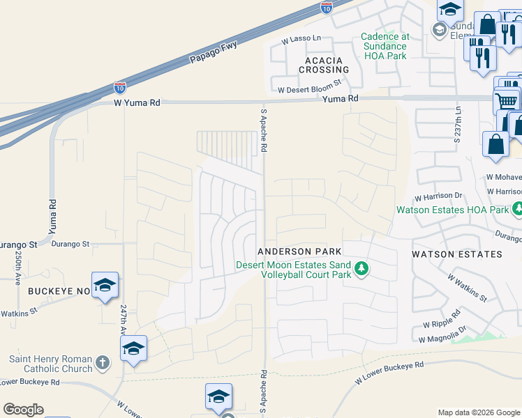 map of restaurants, bars, coffee shops, grocery stores, and more near 2000 South Apache Road in Buckeye