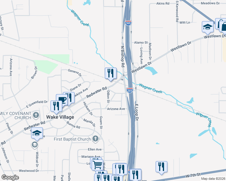 map of restaurants, bars, coffee shops, grocery stores, and more near 821-899 East Redwater Road in Wake Village