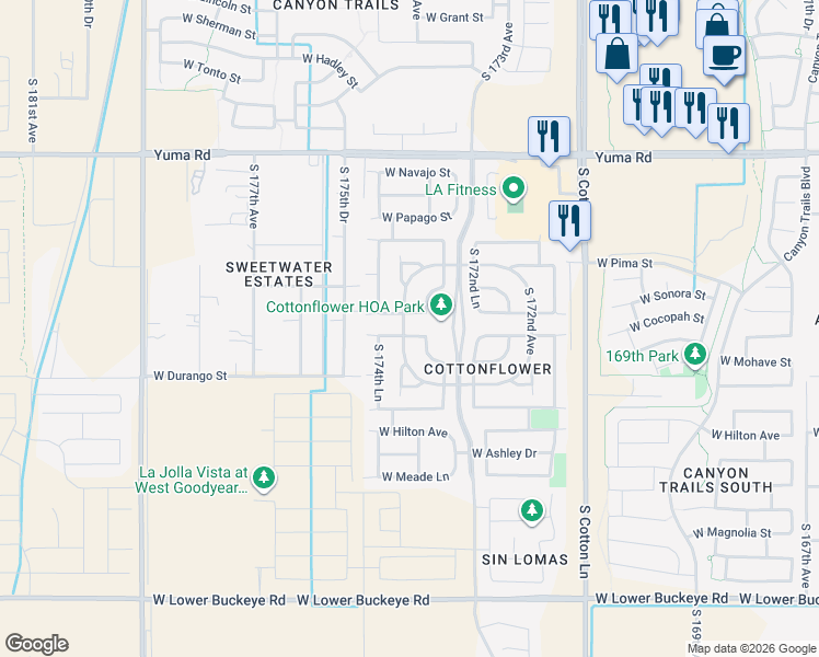 map of restaurants, bars, coffee shops, grocery stores, and more near 17394 West Mohave Street in Goodyear